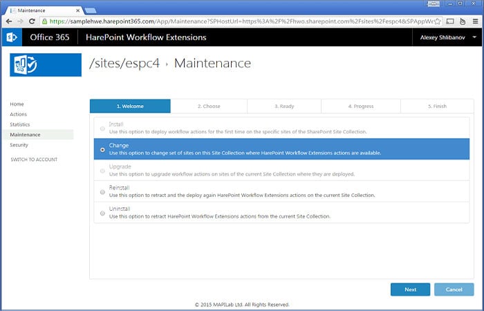 Maintenance area in Workflow Extensions for Office 365